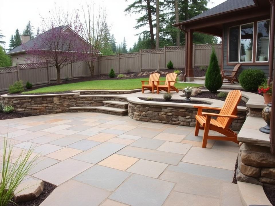 Natural stone patio and low retaining wall in a Pacific Northwest backyard