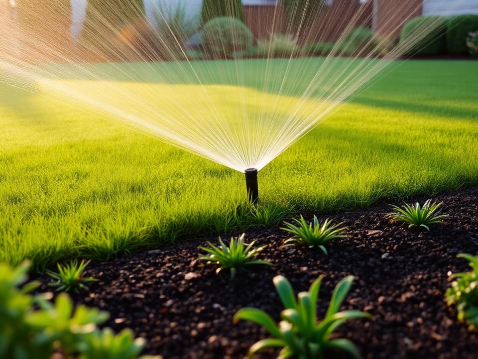 Lawn sprinkler watering a green lawn at dawn beside mulched planting beds