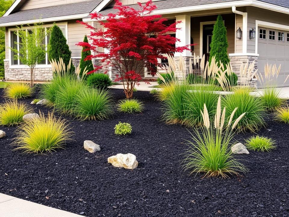 Newly installed landscape with layered planting beds, ornamental grasses and a Japanese maple at a Bainbridge Island home