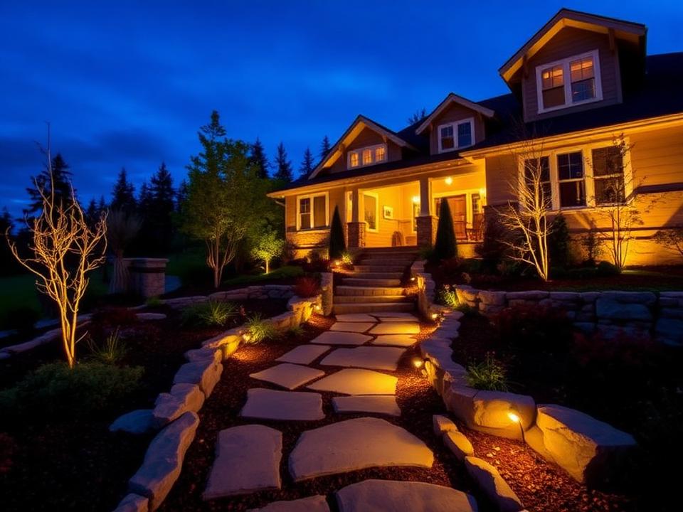 Warm landscape lighting along a stone pathway at dusk on Bainbridge Island