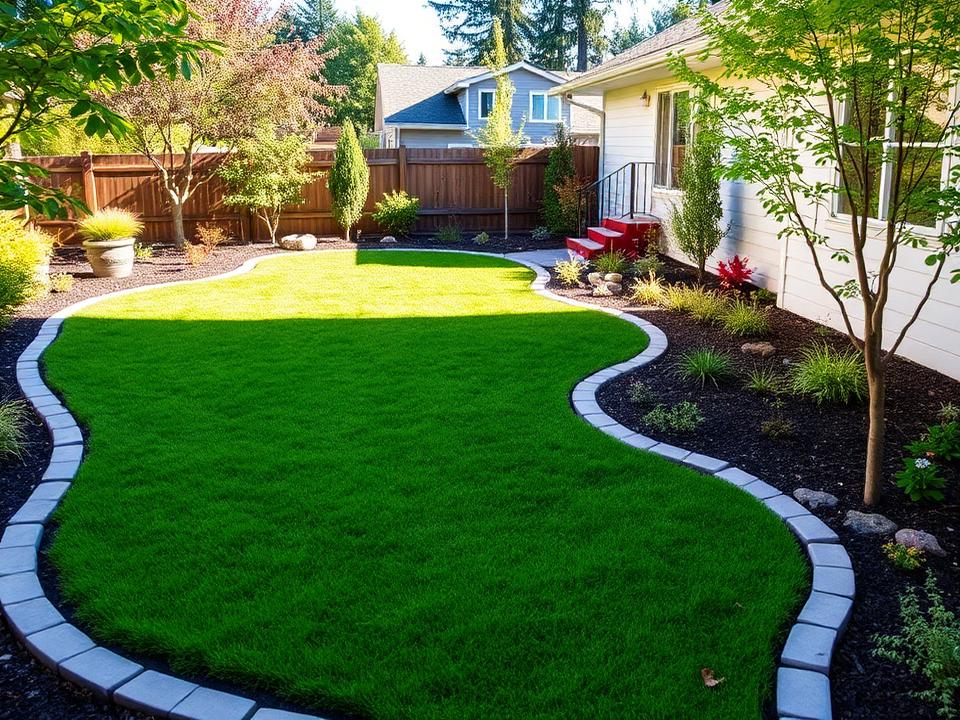 Renovated backyard with fresh lawn, reshaped garden beds and clean stone edging on Bainbridge Island