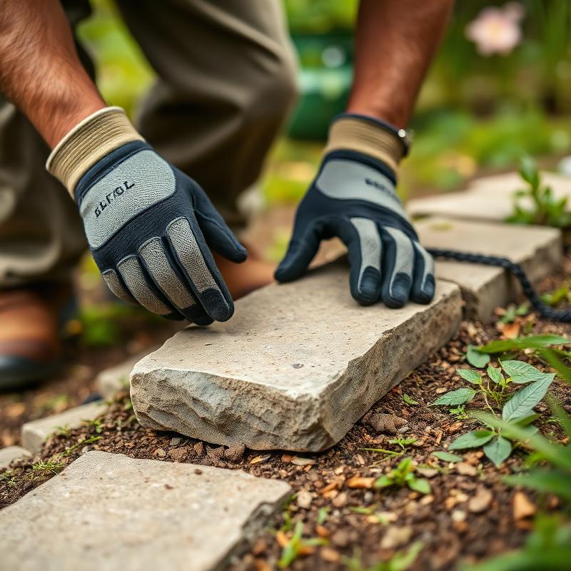 Landscaper placing natural stone with careful craftsmanship