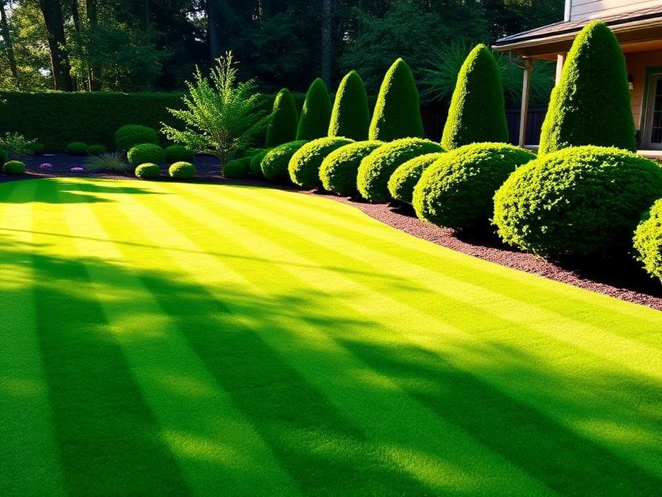 Immaculate striped lawn and pruned shrubs at a maintained Bainbridge Island property