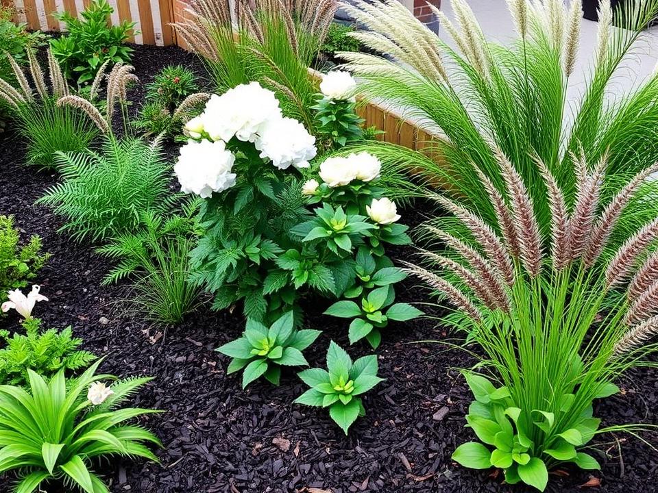 Garden bed planted with native Pacific Northwest plants, ferns and hydrangeas in fresh mulch
