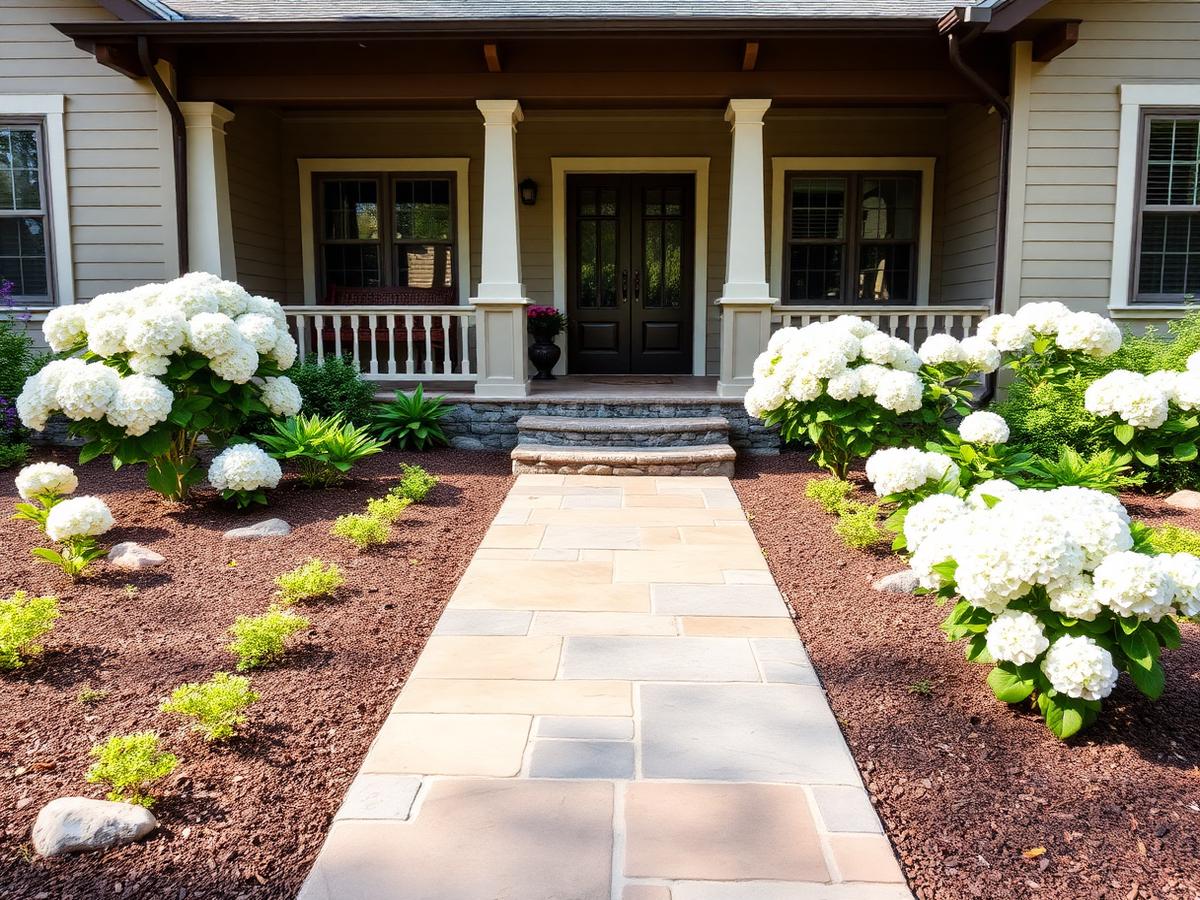 Landscaped front entry with stone walkway and hydrangeas on Bainbridge Island