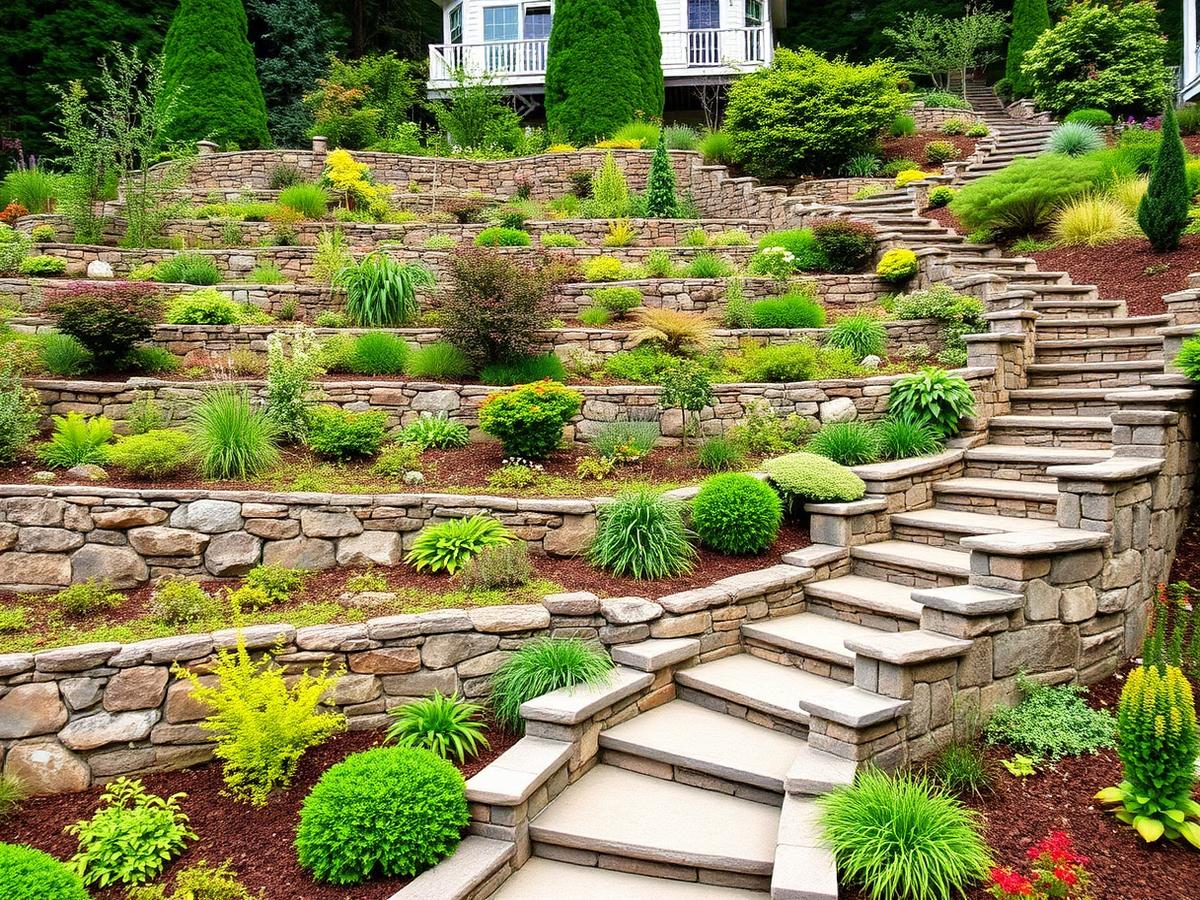 Terraced sloped garden with natural stone retaining walls, planted terraces and a stone staircase