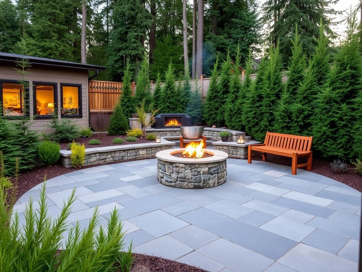 Modern Northwest backyard with slate paver patio, stone fire pit and layered evergreen planting