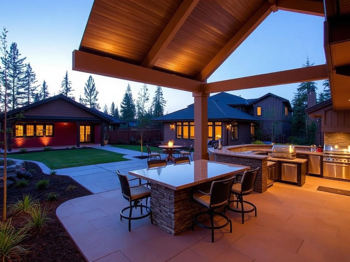 Contemporary outdoor living space with covered patio, outdoor kitchen and landscape lighting at dusk