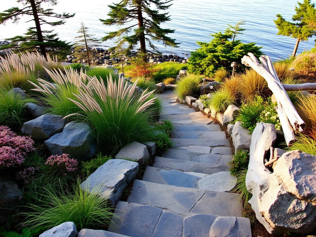 Natural stone steps descending through ornamental grasses toward the Puget Sound shoreline