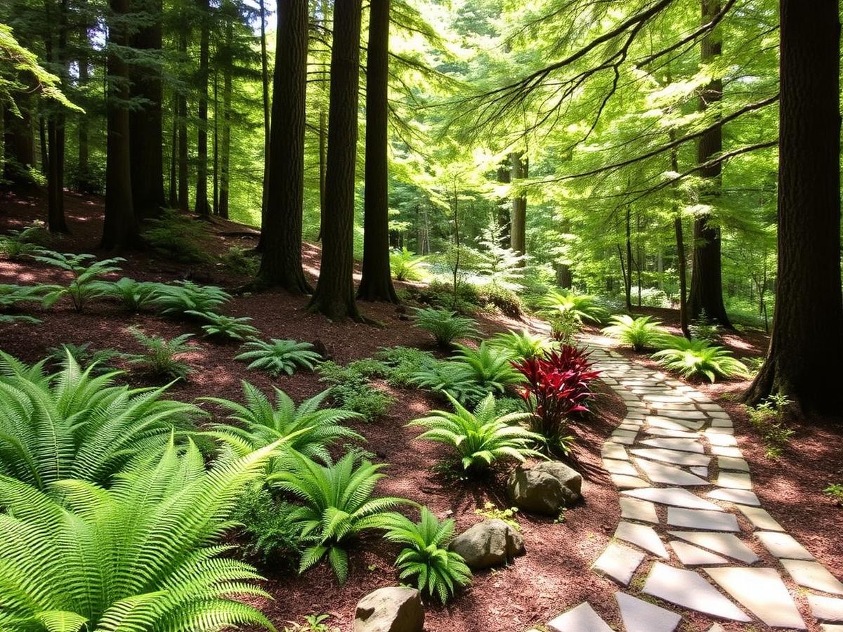 Woodland garden with winding stone path, ferns and hostas beneath mature Douglas firs