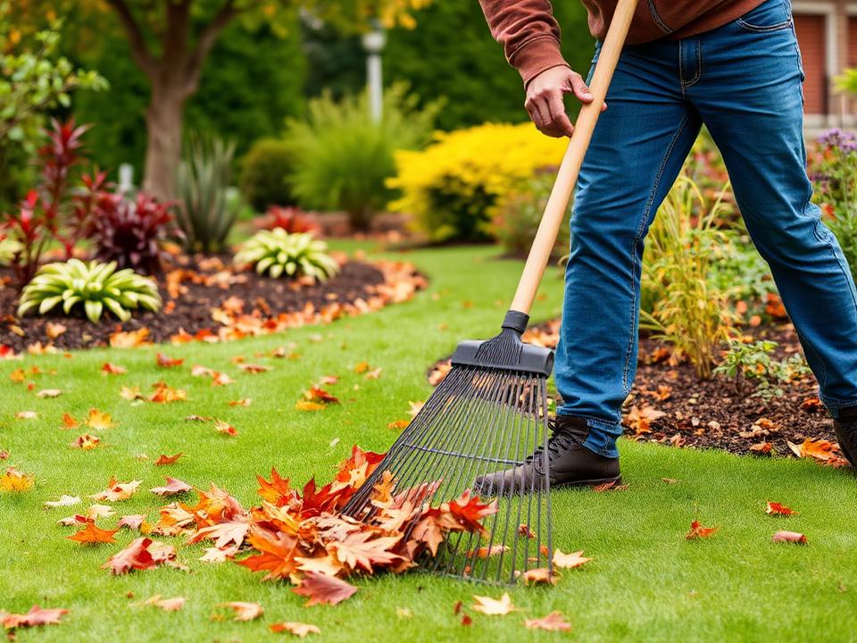Gardener raking autumn leaves from a manicured lawn during seasonal cleanup